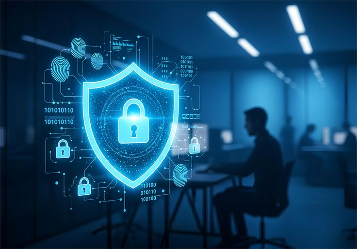 A digital security shield with a padlock, fingerprints and binary code representing online privacy protection